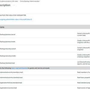 Die Detailansicht der Rolle Entra Backup Administrator listet die zentralen Berechtigungen für das Erstellen und Abbrechen von Differenzberichten und Wiederherstellungsoperationen sowie das Lesen der Backup-Liste auf.(Bild:  Joos | Microsoft)