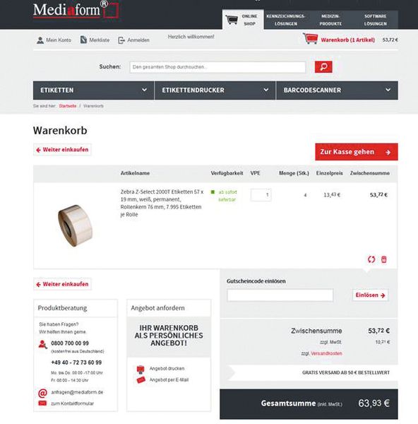 Mediaform ist Spezialist für Etiketten, Etikettendrucker, Barcodescanner sowie Auto-ID Lösungen und stellt seinen Geschäftskunden eine gut durchdachte E-Commerce Plattform zur Verfügung. Der Onlineshop bietet eine optimierte Such- und Filterfunktion über FACT-Finder, eine typische Funktion, die man mehr und mehr in B2B-Shops vorfindet. Der Business-Kunde hat die Möglichkeit, sich einen individuellen Warenkorb zusammenzustellen und kann diesen mit nur einem 