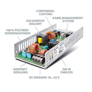 Mit DC-Weitbereichseingang von 16 bis 32 VDC, galvanischer Trennung, lüfterlosem Kühlkonzept, hochwertigen Polymer-Kondensatoren und Conformal Coating bietet das BEP-520C eine zuverlässige Stromversorgung für industrielle Embedded- und IPC-Anwendungen – auch bei anspruchsvollen Umgebungsbedingungen im 24/7-Betrieb.(Bild:  Bicker)