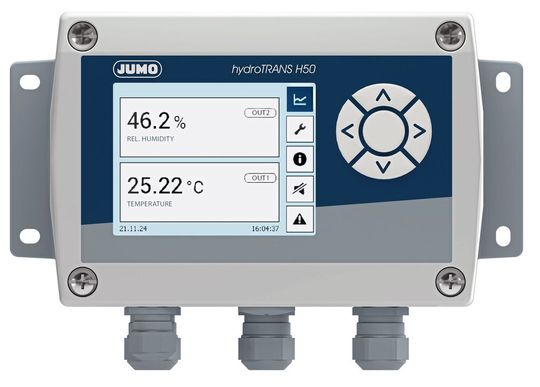 Der Jumo Hydrotrans H50 mit austauschbarem Fühler bietet hochgenaue und stabile Temperatur- und Feuchtemessungen.(Bild:  Jumo)