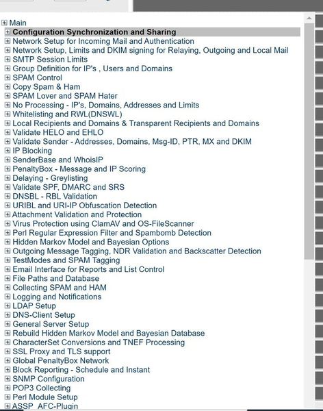 Über die Weboberfläche stehen dutzende Menüs zur Verfügung, mit denen der Spamschutz in ASSP umfassend konfiguriert werden kann. (Joos)