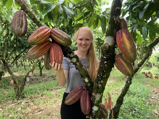 Das Foto zeigt Doktorandin Franziska Krause in einer Kakaoplantage in Nicaragua.(Bild:  privat)