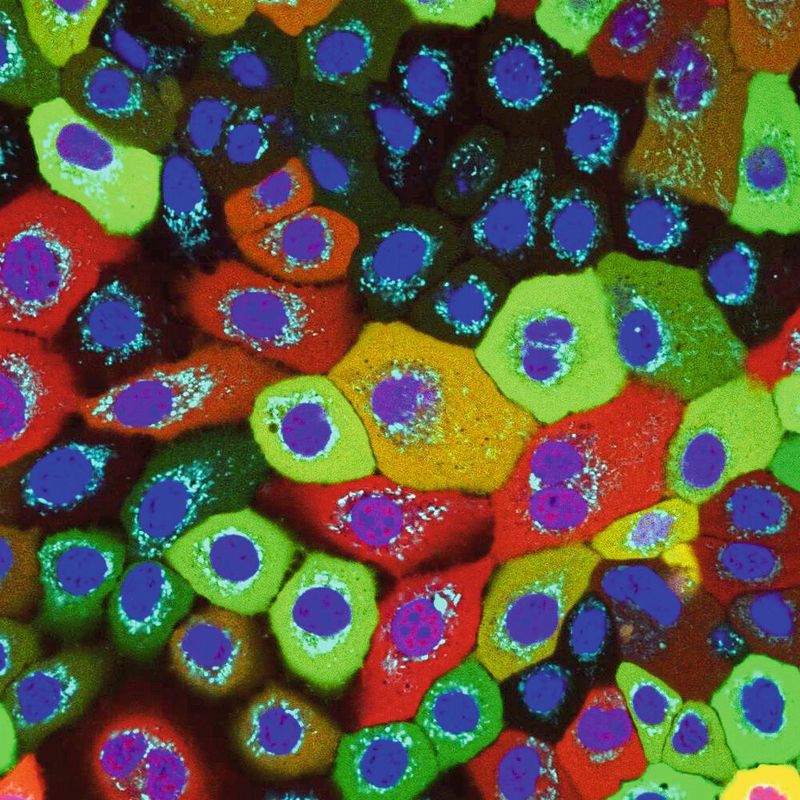 Hautzellen des Menschen mit „gesunden“ Mitochondrien (hellblau): - Der NLRP10-„Rauchmelder“ (gelbgrün) ist über den gesamten Inhalt der Zelle verteilt, abgesehen vom Zellkern (blauviolett).