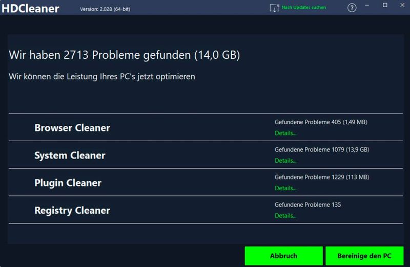 Überprüfen der Aktionen, die HDCleaner nach der Analyse durchführen kann. (Bild: Joos (Screenshot))