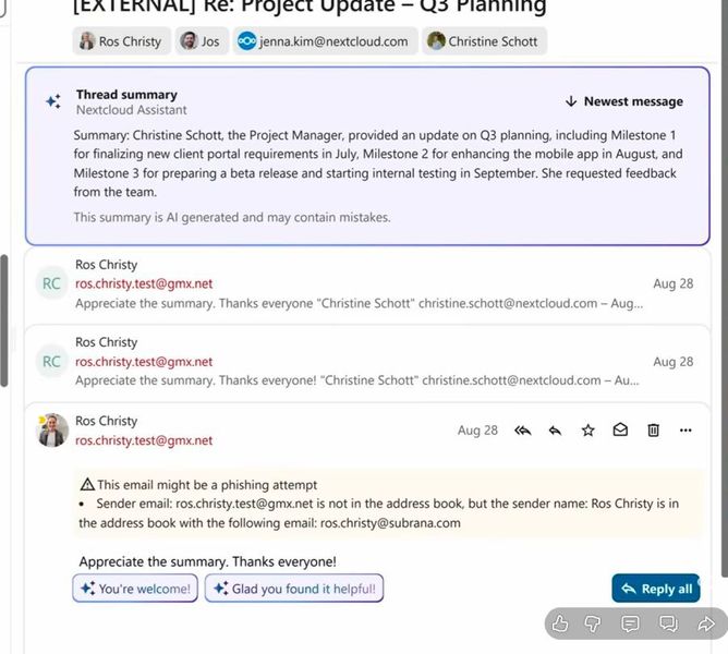 Nextcloud Mail integriert KI-gestützte Thread-Zusammenfassungen sowie Phishing-Warnungen direkt in die Nachrichtenansicht und verbindet Analyse mit Sicherheitsmechanismen. (Bild: Joos - Nextcloud)