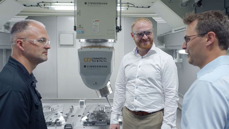 From left to right, Darin Hall, Plant Manager, Commercial Tool & Die, J.D. Bouwman, President, Commercial Tool Group and Cornelius Kiesel, President, Zimmermann discuss portal milling machines (Source: Zimmermann)