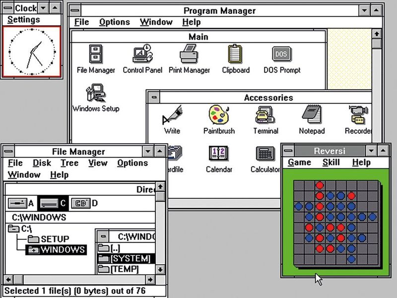 Windows 3.0 erscheint. Neuerungen sind unter anderem die Fähigkeit, Wave- und MIDI-Dateien abzuspielen, Sound aufzunehmen, eine CD-Audio-Unterstützung, oder der Bildschirmschoner „Starfield“. (gemeinfrei)
