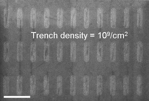 Eine Anordnung aus Gräben auf dem Wafer in einer Größe von jeweils 200 Nanometer Breite und 500 Nanometer Länge (Foto: IBM Research)