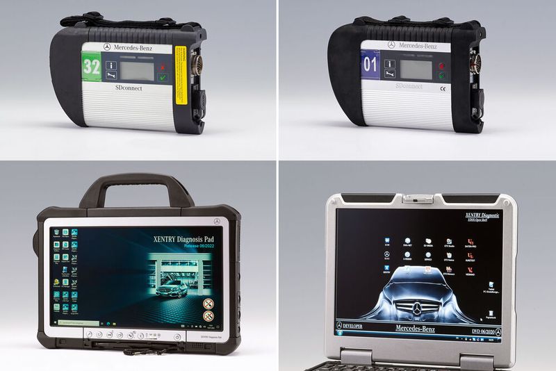 Diese Produktfälschung war bereits Gegenstand einer Gerichtsverhandlung. Wegen Verletzung der Marken „Mercedes-Benz“, des „Mercedes-Sterns“ und der für Diagnosesoftware geschützten Marke „Xentry“ gab es eine zivilrechtliche Verurteilung des Landgerichts Stuttgart, so die Jury. Dafür erhielt der Vertrieb OBD Diagnostic Tools den 3. Preis. Links im Bild befindet sich das Original.  (Bild: Plagiarius)