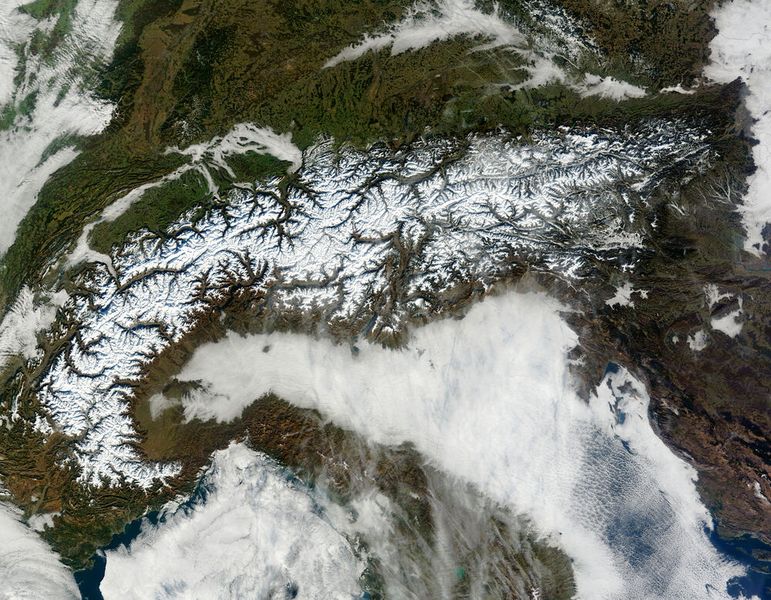 Die Alpen in einem eher schneearmen Winter. (Aufnahme vom 17. Januar 2011) (Bild: NASA image courtesy Jeff Schmaltz, MODIS Rapid Response Team at NASA GSFC. Caption by Michon Scott.)