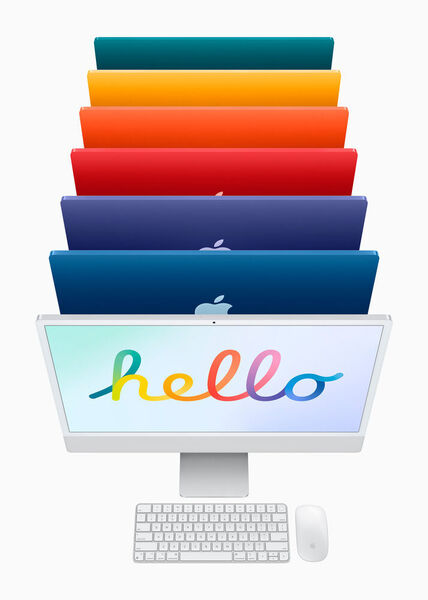 Die neuen iMacs sind in den Farbvarianten Grün, Gelb, Orange, Rosé, Violett, Blau und Silber erhältlich. (Apple)