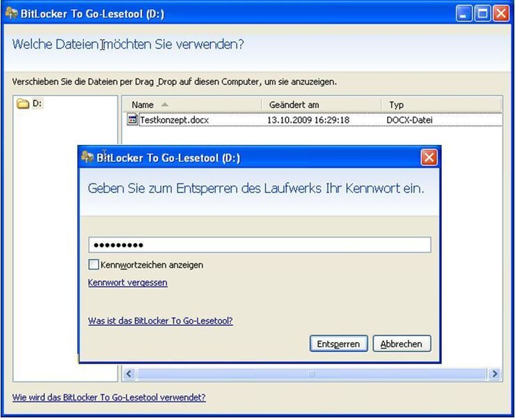 Ein mit BitLocker To Go-geschützter USB-Stick kann auch unter Windows Vista und Windows XP genutzt werden, allerdings nur im Lesezugriff. Ermöglicht wird dies durch das BitLocker To Go-Lesetool, das automatisch auf dem Stick gespeichert wird. (Archiv: Vogel Business Media)