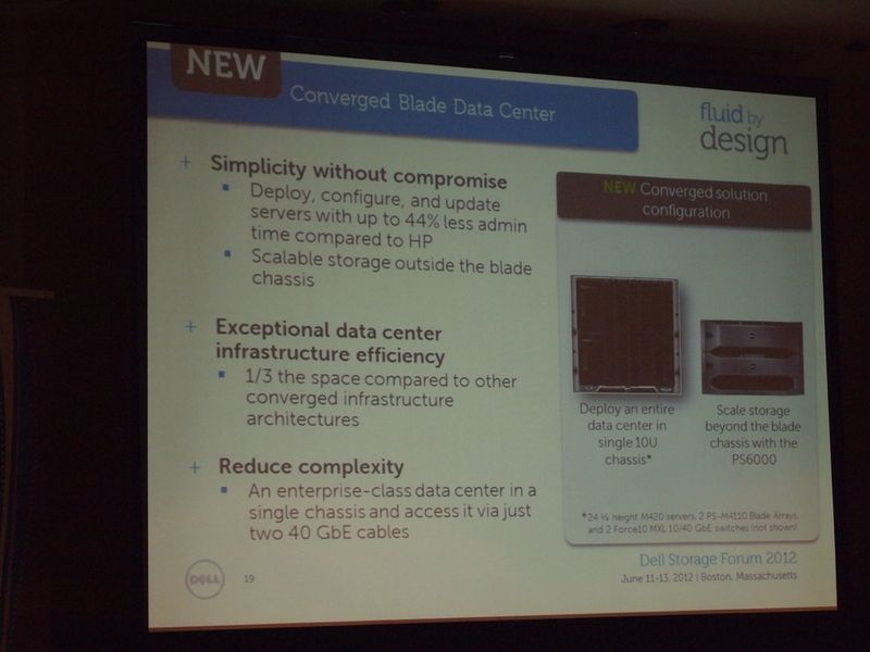Das Rechenzentrum in 10 Höheneinheiten. Durch das neue Storage Blade lassen sich in diesem Data Center 56 Terabyte Festplattenkapazität, verteilt auf zwei Storage-Gruppen, installieren. Der Stoage-controller kann auch mit einem Mix von fünf SSD-Medien und neun Harddisk umgehen. Und durch die externe Speichererweiterung um ein Equallogic PS6000 ist der Gesamtspeicher auf zwei Petabyte skalierbar. Zwei 40 Gbit Ethernetanschlüsse, die durch Adapter auch als 10 GbE herausgeführt werden können, vervollständigen dieses leistungsfähige Rechenzentrum. (rg)