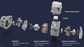 Der Aufbau des VW-Antriebs. Die beidem E-Maschinen sind axial angeordnet, eine Lamellenkupplung ermöglich einen Durchtrieb für den Parallelbetrieb. (Bild: VW)