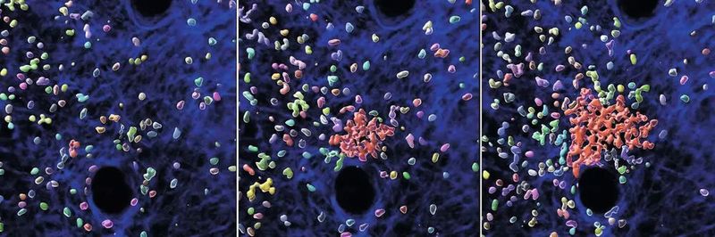 Blick in lebendes Gewebe der Maus. Einzelne Neutrophile ziehen weitere Zellen an, um die Bildung eines Neutrophilenschwarms und -clusters zu initiieren. Die Abbildungen zeigen verschiedene Zeitpunkte einer 30-minütigen Zeitsequenz. Neutrophile (mehrfarbig), Neutrophilen-Cluster (rot) und strukturelle Komponenten der Mäusehaut (blau) sind mit verschiedenen Farben dargestellt. Blick in lebendes Gewebe der Maus. Einzelne Neutrophile ziehen weitere Zellen an, um die Bildung eines Neutrophilenschwarms und -clusters zu initiieren. Die Abbildungen zeigen verschiedene Zeitpunkte einer 30-minütigen Zeitsequenz. Neutrophile (mehrfarbig), Neutrophilen-Cluster (rot) und strukturelle Komponenten der Mäusehaut (blau) sind mit verschiedenen Farben dargestellt.