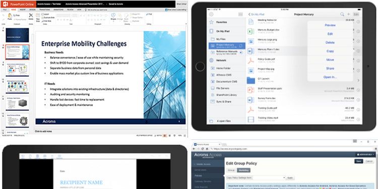 Acronis –  Files Advanced Acronis Files Advanced ist eine On-Premises-EFSS-Lösung (Enterprise File Sync & Share), die einen Ausgleich zwischen dem häufigen Wunsch von Mitarbeitern, eigene Geräte für ihre Arbeit nutzen zu können, und den üblichen Anforderungen von Unternehmen an Datensicherheit, Nutzungsübersicht und Richtlinieneinhaltung ermöglicht. Files Advanced ermöglicht Anwendern höhere Produktivität und stellt der IT umfassende Kontrollfunktionen über genutzte Unternehmensinhalte bereit, sodass Sicherheits- und Richtlinienanforderungen eingehalten und BYOD-Wünsche (Bring Your Own Device) erfüllt werden können. Zur Produktseite des Herstellers  (Bild: Acronis)