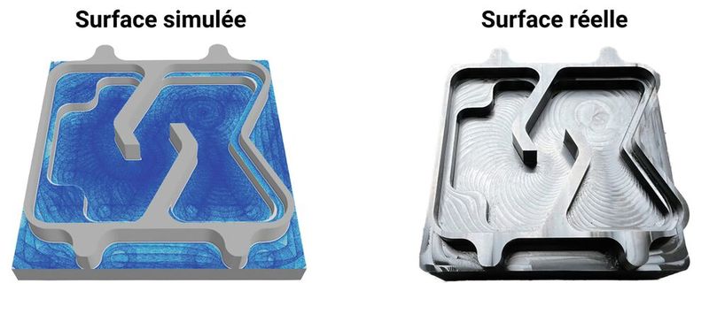 Image 2 : Comparaison entre la topographie de surface simulée et réelle. Dès avant la première coupe, il devient clair à quoi ressemblera la pièce finale. (Source : Tetralytix)