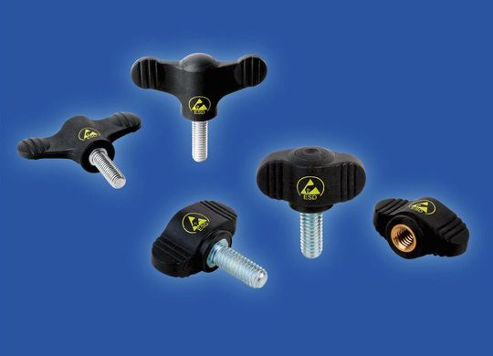 Mini-Flügelgriffe in der ESD-Ausführung sind mit dem typischen gelben Logo versehen und waren von Beginn an im Sortiment der ESD-Bedienteile.(Bild:  Heinrich Kipp Werk)