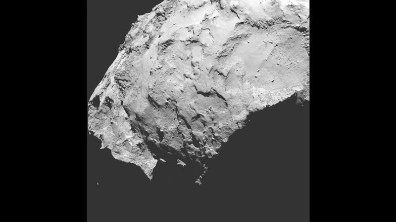 Landeplatz J auf dem Kometen Churyumov-Gerasimenko hat relativ flaches Gelände und eine gute Beleuchtung durch die Sonne. (Bild: ESA)