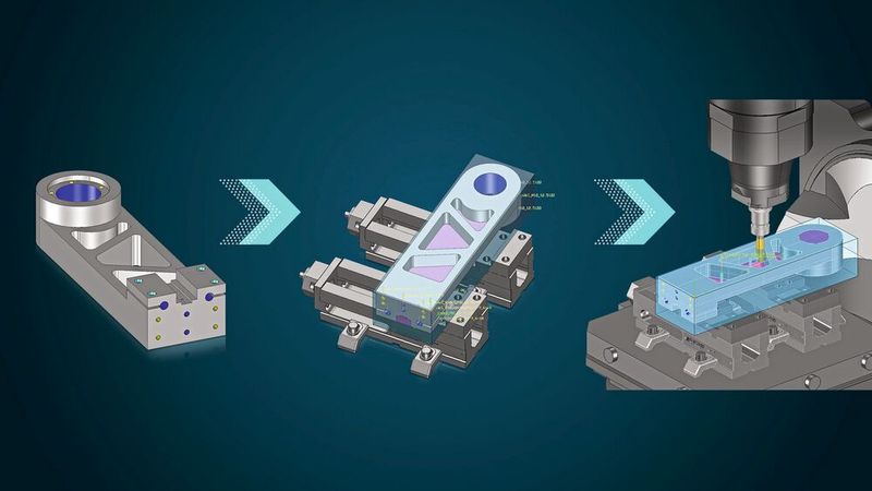 Know-how integriert: Wissensbibliotheken, beispielsweise zu ähnlichen Werkstücken und bewährten Spannsituationen, vereinfachen und beschleunigen das Erstellen von NC-­Programmen, das Vorbereiten von Werkzeugen und Spannmitteln sowie das Aufspannen auf CNC-Maschinen. (Bild: Tebis)