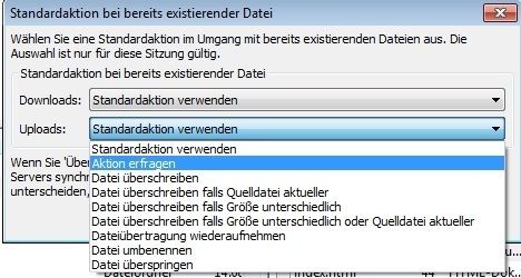 Abbildung 8: FileZilla synchronisiert das lokale mit dem remoten Verzeichnis und umgekehrt. Falls Objekte doppelt existieren, können die oben gezeigten Voreinstellungen getätigt werden. In der Regel sind lokale Dateien aktueller, sodass bei Uploads die ältere Datei überschrieben wird. Sehr schön ist die Einstellung „Datei überschreiben falls Größe unterschiedlich oder Quelldatei aktueller“, die empfehlenswert ist, wenn die Zeiteinstellung zwischen lokalem- und remotem Rechner nicht synchron läuft. (Archiv: Vogel Business Media)