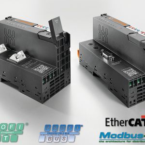 Für die verschiedenen Feldbusstandards stehen Koppler zur Anbindung von bis zu 64 I/O-Modulen bereit. Die Koppler verfügen über einen integrierten Web-Server und eine Einspeisung der Ver¬sorgungsspannung für die Station.