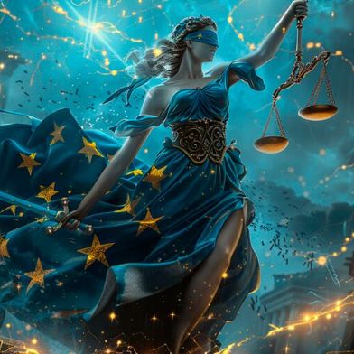 Europas digitale Abhängigkeit: Justitia wird zum Spielball globaler Datenmächte. (Bild: Midjourney / Paula Breukel / KI-generiert)