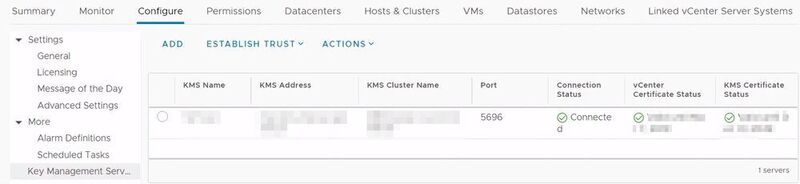 Der erfolgreiche Verbindungsaufbau zwischen vCenter und KMS sowie zwischen KMS und vCenter wird im vSphere-Client angezeigt. (Joos)