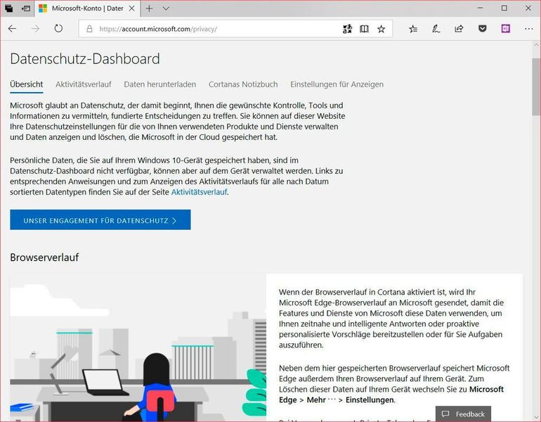 Das mit dem Microsoft-Konto verknüpfte Microsoft-Datenschutz-Dashboard wird gründlich aufgebohrt. In ihm können Anwender alle Daten einsehen, bearbeiten und löschen, die mit einem Microsoft-Konto gespeichert sind, etwa den Browser- oder den Suchverlauf.  (Vogel IT-Medien)