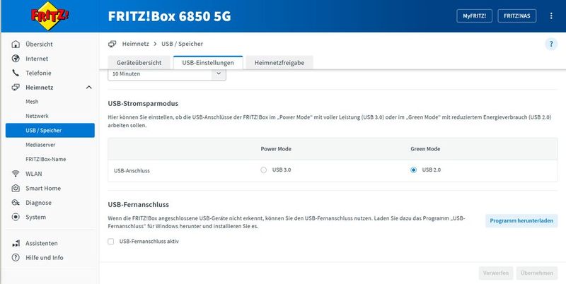 Die USB-Einstellungen der Fritzbox verdeutlichen den Einfluss von „Power Mode“ und „Green Mode“ auf Leistung und Energieverbrauch des angeschlossenen Speichers. (Bild: Joos – FRITZ!)
