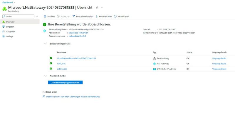 Erfolgreiche Erstellung eines NAT-Gateways. (Bild: Joos - Microsoft)