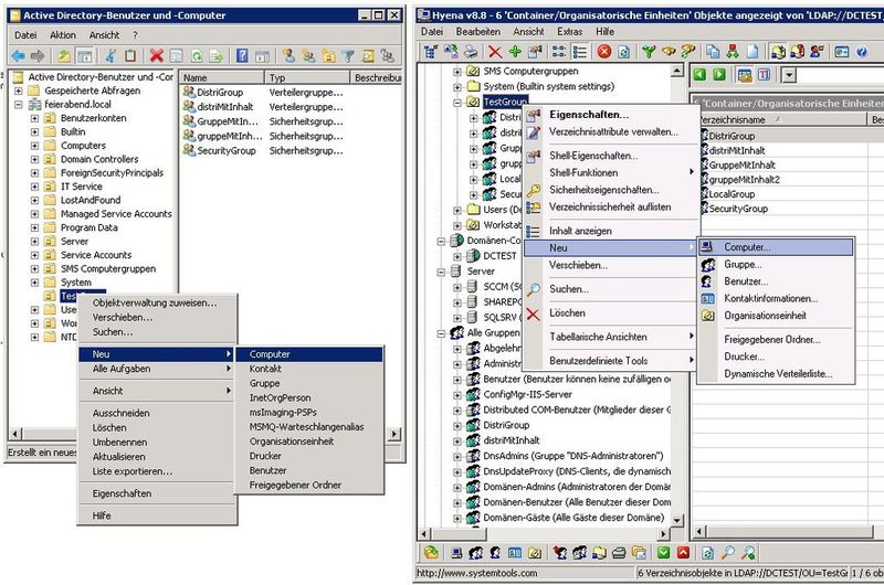 Abbildung 4: Ein Vergleich Microsoft Active Directory-Benutzer und -Computer 2008R2 mit Hyena 8.8. Die rechte Maustaste löst bei beiden Programmen ein Kontextmenü aus, das durchaus ähnlich aussieht. Beschränkt man sich auf die allgemeinen Administrationsaufgaben gibt es hier einen Gleichstand. (Archiv: Vogel Business Media)
