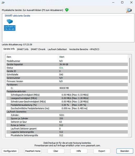 Anzeigen der wichtigsten Informationen einer HDD/SSD mit DiskCheckup. (Bild: Joos – PassMark Software)
