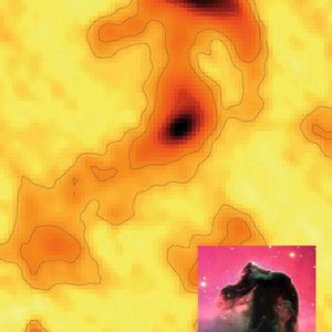 Falschfarbenbild des Pferdekopfnebels, aufgenommen mit dem LABOCA Bolometer am APEX – kleines Bild: optisches Bild vom Very Large Telescope (VLT)