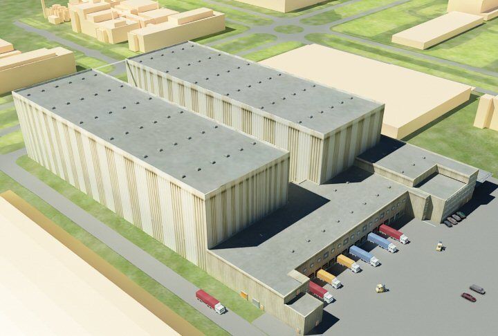 Im neuen Logistik-Center sind zwei Lagerblöcke durch eine Warenumschlaghalle miteinander verbunden. (Grafik: Infraserv Höchst) (Archiv: Vogel Business Media)