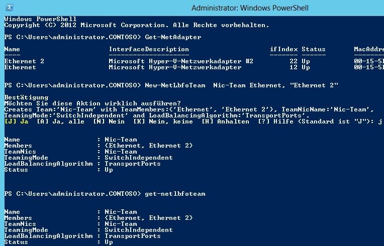 Abbildung 15: Mit „Get-NetAdapter“ lassen sich Administratoren Informationen zu den Netzwerkkarten anzeigen, eine Liste aller interessanten Befehle für die Konfiguration der Netzwerksteuerung in Windows 8 und Windows Server 2012 lässt sich mit „get-command get-net*“ anzeigen. „Get-command set-net*“ zeigt Befehle zum Anpassen der Konfiguration an. (Bild: Joos)
