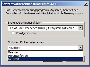 Sysprep kennt nur zwei Optionen. Als Systembereinigungsoption wählen Sie „Out-of-Box-Experience (OOBE) für System aktivieren“. Bei den „Optionen für Herunterfahren“ stehen drei Möglichkeiten zur Wahl. Wenn Sie anschließend mit der Kopie weiter arbeiten wollen, sollte sie Neustart wählen. Alternativ können Sie das System auch erst mal schlafen legen. (Archiv: Vogel Business Media)