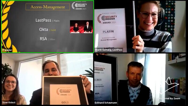 Die erste Awards-Kategorie war „Access Management“. Es freute sich über Platin, Sharin Gattung von LastPass, über Gold, Sven Kniest von Okta und über Silber Eckhard Schaumann von RSA. (Vogel IT-Medien)