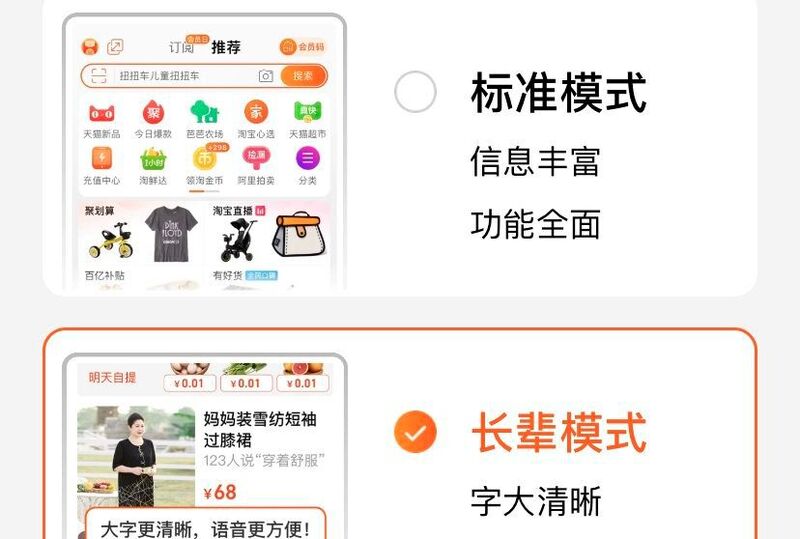 Auf dem Online-Marktplatz Taobao erleichtern große Schriftzeichen und Sprachsteuerung die Bedienung. Die Bildbeschreibungen erstellt eine KI.