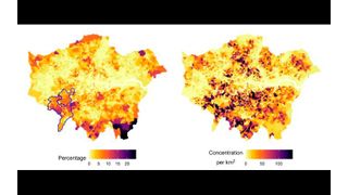 Estimated prevalence and concentration of wood fuel heat sources by Lower Super Output Area (LSOA), England and Wales. A. Top: Estimated prevalence of wood burners by LSOA, England and Wales. Bottom: Estimated prevalence of wood burners by LSOA, London. Local authorities of Richmond upon Thames, Kingston upon Thames, and Bromley highlighted in blue. B. Top: Estimated concentration of wood burners per km2 by LSOA, England and Wales. Bottom: Estimated concentration of wood burners per km2 by LSOA, London.
 (Source: Laura Horsfall/ ERS)