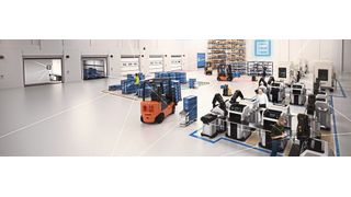 Für einen sicheren Warentransport erstellt das Activeshuttle während der ersten manuell betriebenen Rundfahrt in der Fabrikumgebung mittels Laserscanner eine Referenzkarte, in der Quellen und Senkkoordinaten eingelernt und die Fahrwege angelegt werden. (Bosch Rexroth)