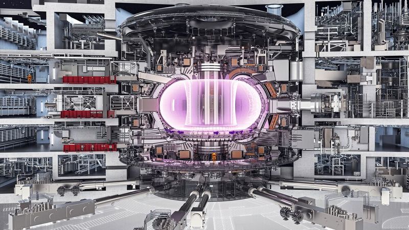 Magnetfusion: Querschnitt eines künftigen Fusionskraftwerks mit dem mehr als 100 Mio. °C heißem Plasma.(Bild:  ITER)