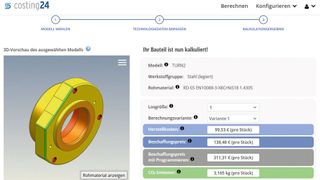 Einfache Vorgaben: Von einem 3D-CAD-Modell ausgehend kalkuliert die Software «costing24» innerhalb kürzester Zeit Produktionskosten beispielsweise für eine rasche Angebotserstellung. (Bild: Simus)