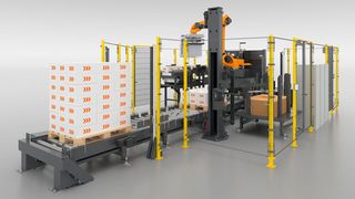 Im Zusammenwirken mit dieser Palettierzelle konfiguriert die leicht zu bedienende Software „TRAPO PACK“ aus den Abmessungen des Packstücks und der Palette das optimale Lagenbild. (Bild: Trapo)