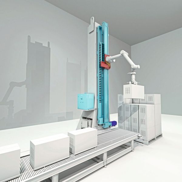Vertikal-Palettieranwendung: Dank der siebten Achse von Rollon kann der Cobot Höhenunterschiede zwischen Förderband und Palettierstapel mühelos überwinden. (Rollon)