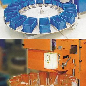 Bild1: Rundtaktbefüllsysteme: Oben für KLTs und unten ein Beispiel für Plastikbeutel. 