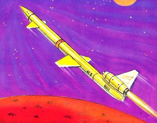 Flug zum Jupiter: In fünf Minuten ins Weltall –  
Die Atomrakete, die ins Weltall startet, trägt 50 Tonnen Nutzlast. Sie erhielt den Namen „Kiwi“, so benannt nach dem flugunfähigen, nur mit Flügelstummeln ausgestatteten Kiwi, einem Vogel, der auf der Insel Neuseeland lebt. Die Rakete allerdings kann fliegen, nur ihre Tragflächen sind zu Stummeln reduziert worden. „Kiwi“ ist eine der ersten, modernen Atomraketen, die die chemischen Raketen zu verdrängen beginnen. Denn ein Atomtriebwerk liefert, bei dem gleichen Brennkammerdruck wie in der chemischen Rakete, eine Strahlgeschwindigkeit von über 5700 Metern in der Sekunde. Das sind mehr als 150 Prozent der Strahlgeschwindigkeit, die alle sonst üblichen chemischen Treibstoffe erzielen. Die Antriebszeit dauert bei der Atomrakete höchstens fünf Minuten. Diese kurze Brenndauer genügt aber, um die Rakete auf die gewünschte Flugbahn im Weltall zu bringen. Das Treibmittel, der Flüssigwasserstoff, ist nach diesen wenigen Minuten aufgebraucht. Eigenhitze und hohe Radioaktivität der angesammelten Spaltprodukte zerstören den Motor. Eine bereits auf der Abschußrampe liegende zweistufige Atomrakete wird ohne Schwierigkeiten jedes Ziel in unserem Sonnensystem diesseits des Jupiters erreichen. Auch den Jupiter selbst, den größten und fünften Planeten von der Sonne aus. Sogar einen seiner neun Monde wird man mit der neuen Atomrakete ansteuern.  (Die Welt von Morgen, Birkel-Sammelalbum, 1959 / retro-futurismus.de)