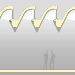 Die Shed-Leuchte ergänzt in den Obergeschossen des Lenbachhauses das Tageslicht aus den Oberlichtern (engl. „Sheds“). Dazu befindet sie sich direkt unterhalb der Fenster und strahlt – wie das natürliche Licht – zunächst in die Sheds und dann indirekt in die Ausstellungsräume.