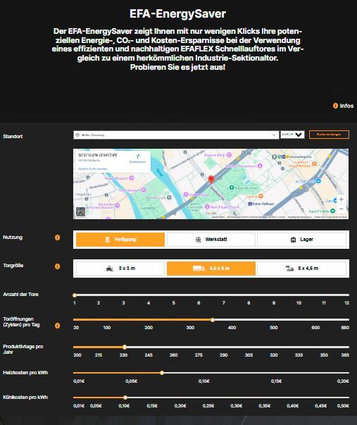 Der „EFA-EnergySaver“ macht die möglichen Energie- und Emissionseinsparungen auf der Efaflex-Website mit unabhängig verifizierten Daten sichtbar.(Bild:  Efaflex)