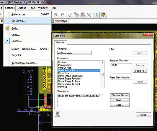 DesignSpark PCB V6: Benutzerdefinierte Shortcuts (Bild: RS Components)